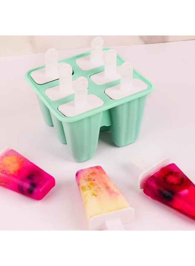 6-Piece Silicone Popsicle Mold Set with Funnel & Cleaning Brush - Reusable, Easy-Release Ice Pop Molds (Green) - Image 2